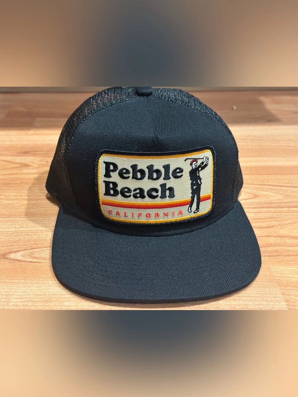 Pebble Beach California Trucker Pocket Bart Bridge Hat Black Snapback Cap NEW